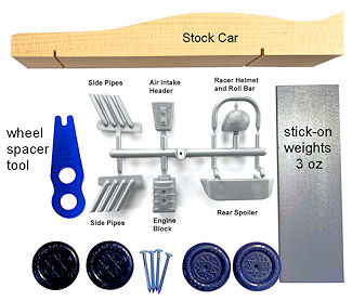 complete stock car pinewood derby car kit